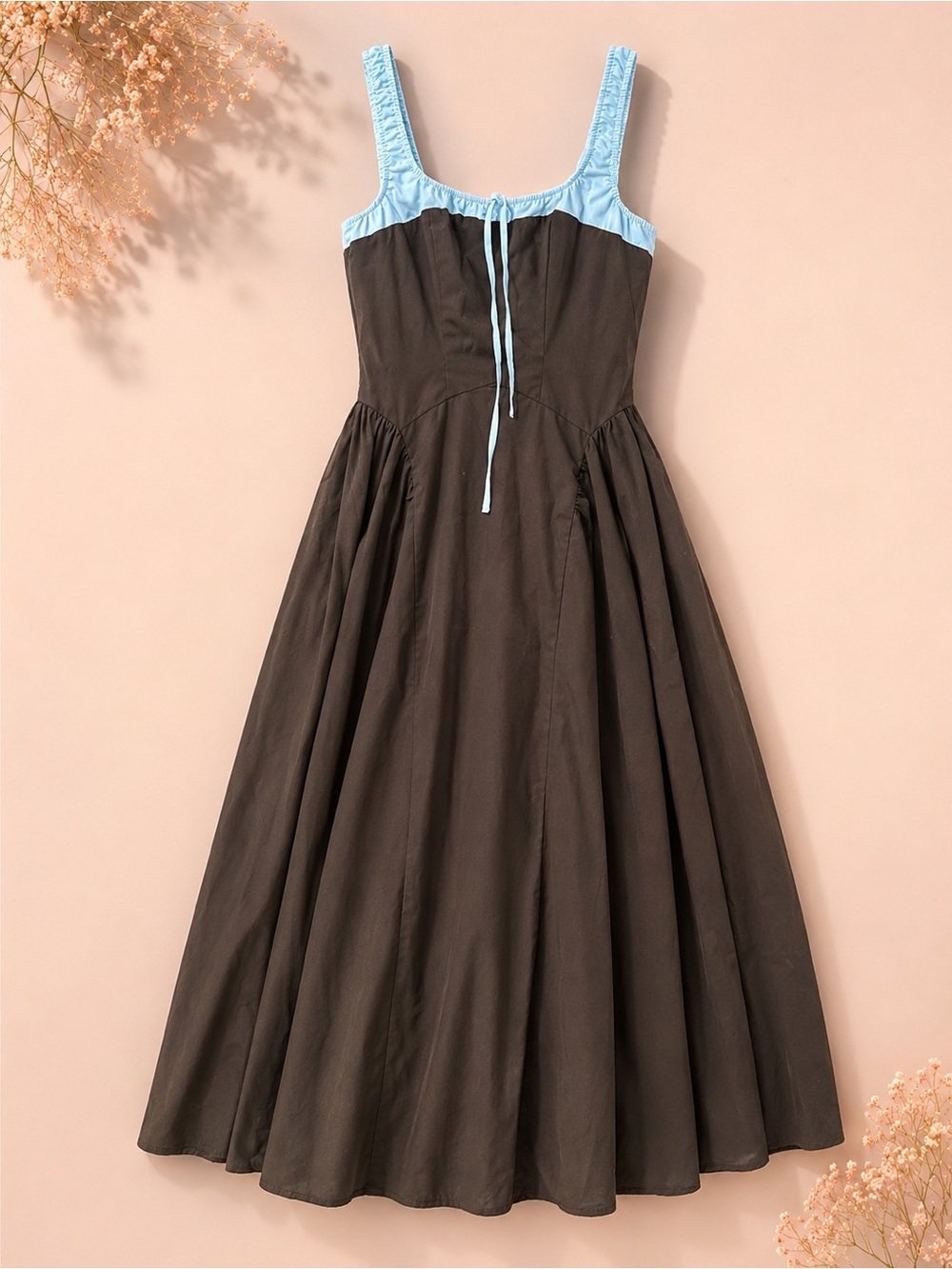 Moon River Brown Sundress with Light Blue Trim